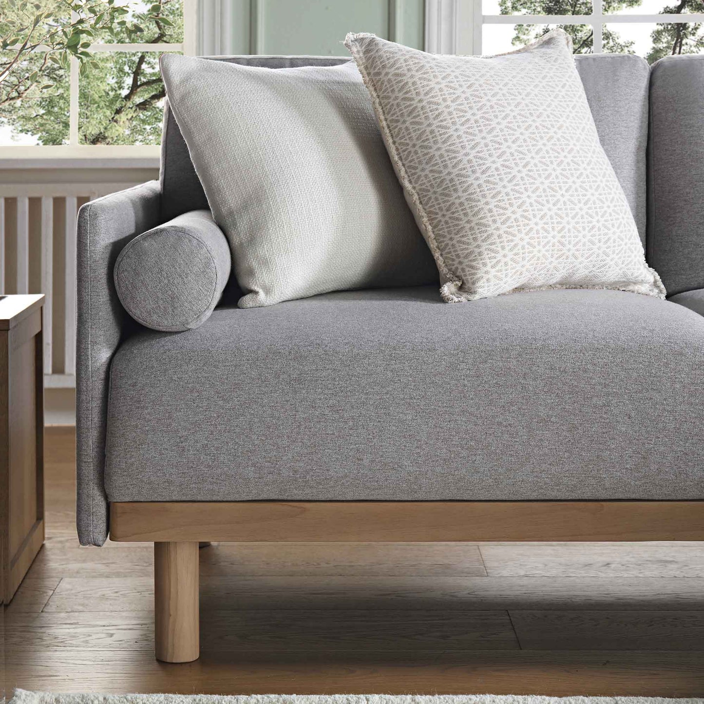 Canapé 3 places en tissu gris chiné, grand canapé méridienne orienté à droite