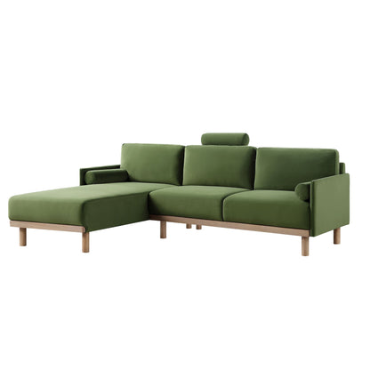 Canapé en velours vert fougère Timber, grand canapé méridienne 3 places orienté vers la gauche