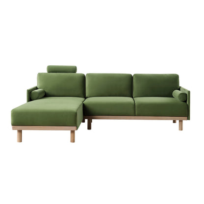 Canapé en velours vert fougère Timber, grand canapé méridienne 3 places orienté vers la gauche