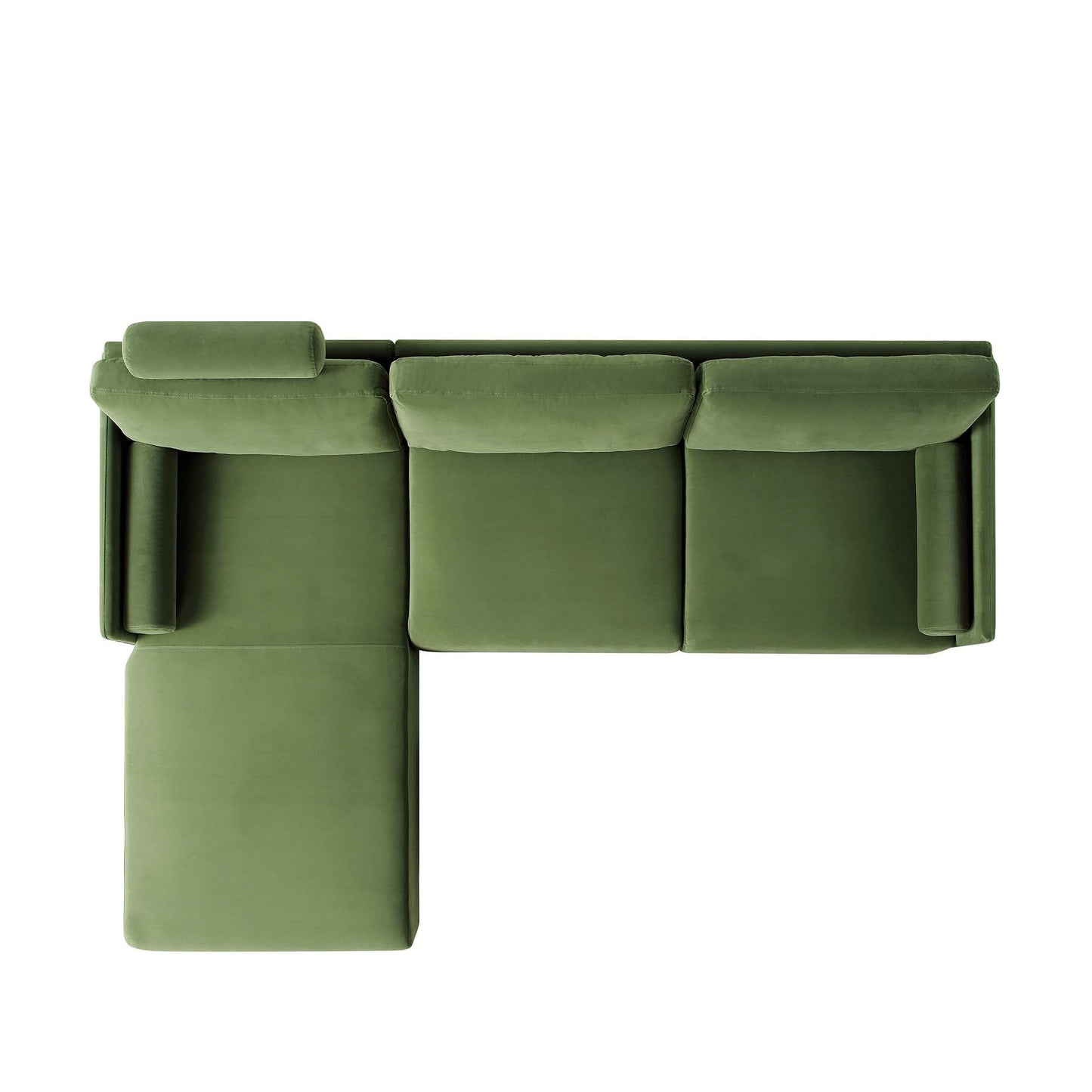 Canapé en velours vert fougère Timber, grand canapé méridienne 3 places orienté vers la gauche