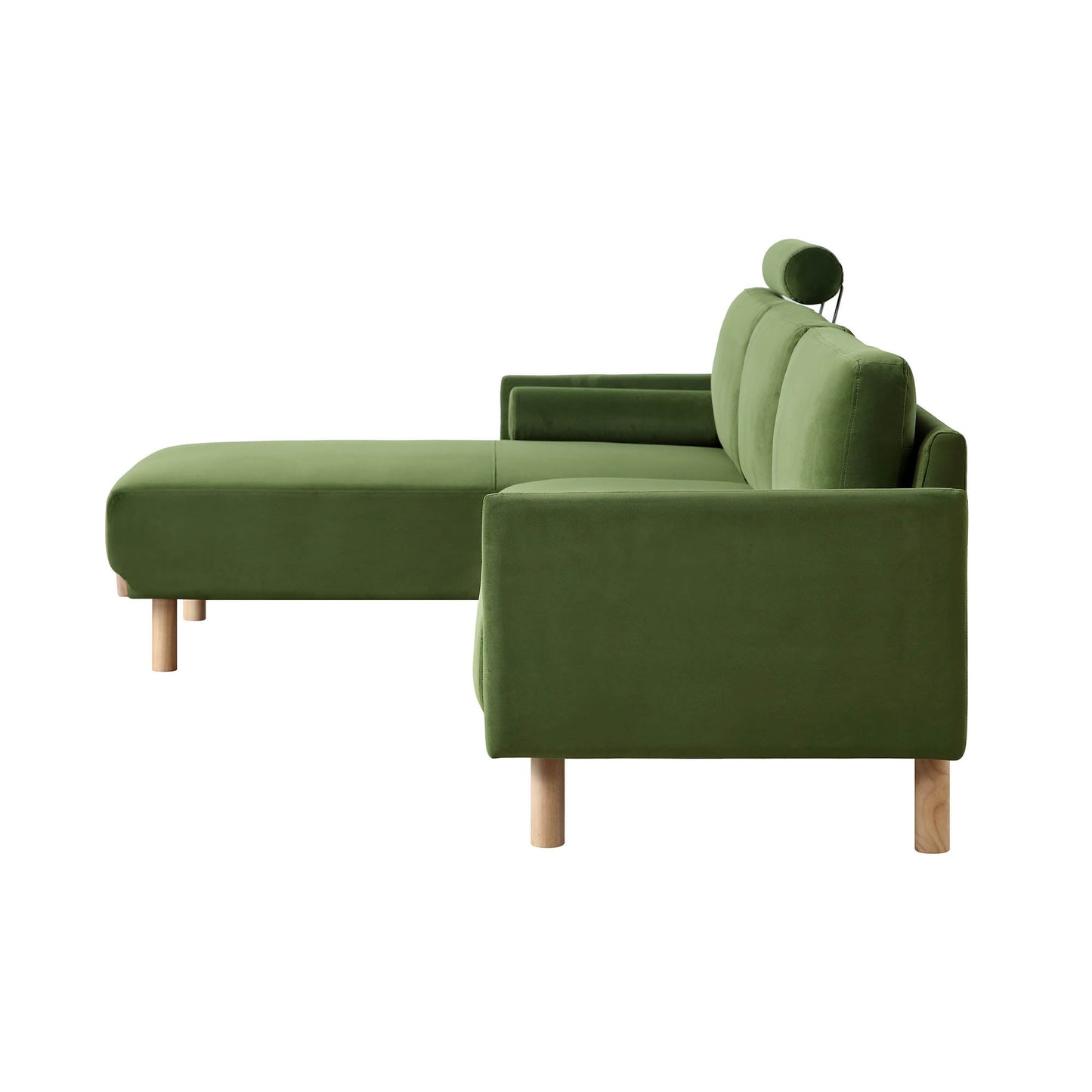 Canapé en velours vert fougère Timber, grand canapé méridienne 3 places orienté vers la gauche