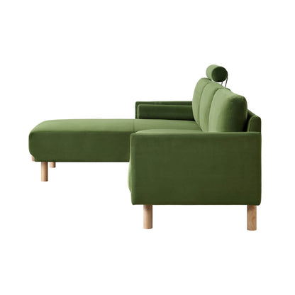 Canapé en velours vert fougère Timber, grand canapé méridienne 3 places orienté vers la gauche