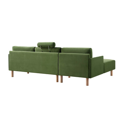 Canapé en velours vert fougère Timber, grand canapé méridienne 3 places orienté vers la gauche