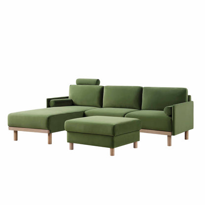 Canapé en velours vert fougère Timber, grand canapé méridienne 3 places orienté vers la gauche