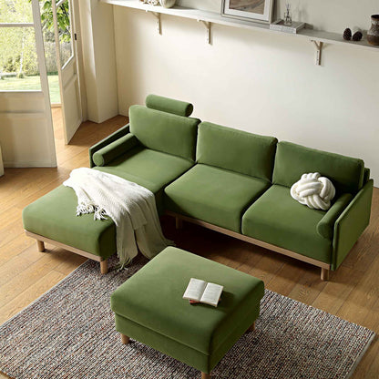 Canapé en velours vert fougère Timber, grand canapé méridienne 3 places orienté vers la gauche