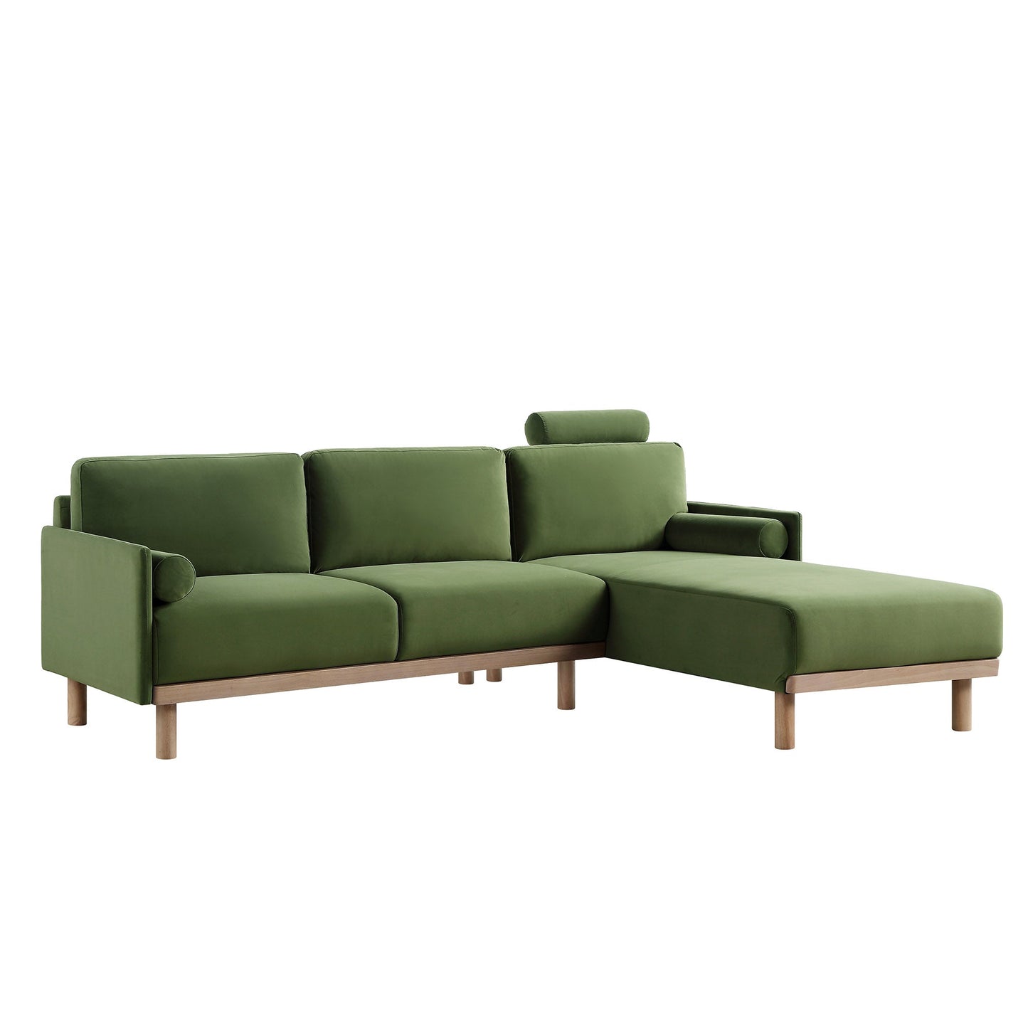 Canapé en velours vert fougère Timber, grand canapé méridienne 3 places orienté à droite