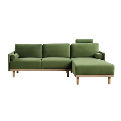 Canapé en velours vert fougère Timber, grand canapé méridienne 3 places orienté à droite