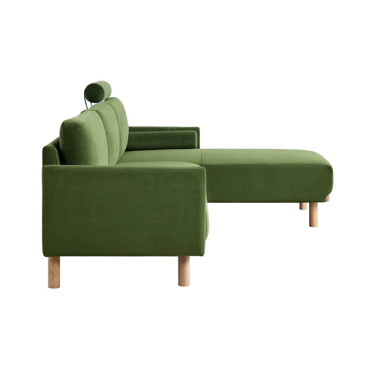 Canapé en velours vert fougère Timber, grand canapé méridienne 3 places orienté à droite