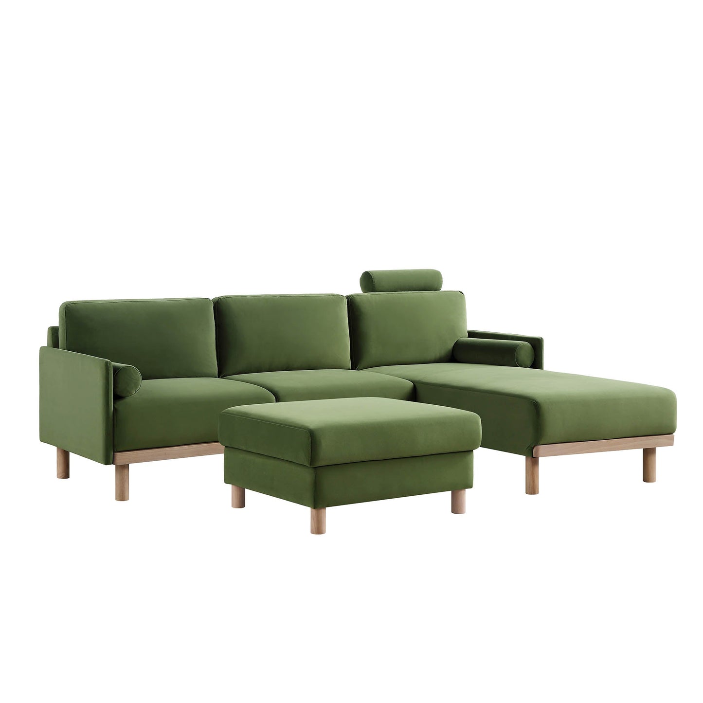 Canapé en velours vert fougère Timber, grand canapé méridienne 3 places orienté à droite