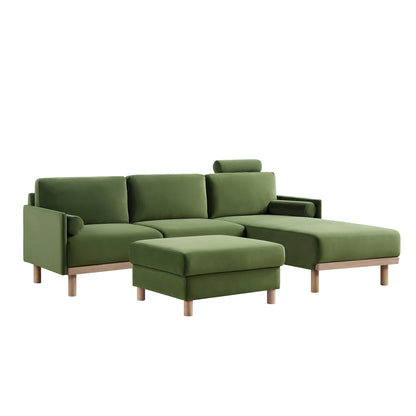 Canapé en velours vert fougère Timber, grand canapé méridienne 3 places orienté à droite