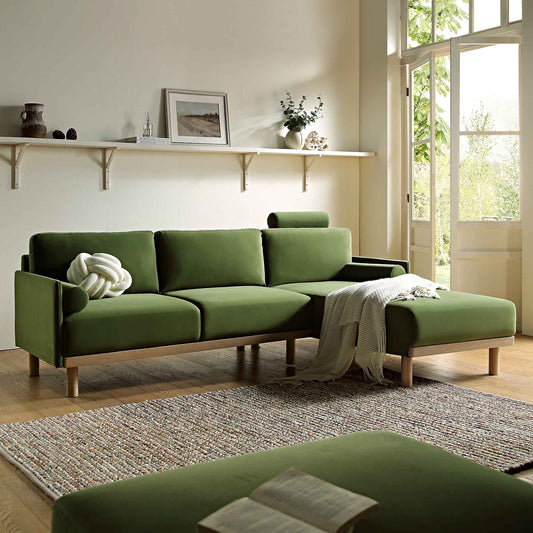 Canapé en velours vert fougère Timber, grand canapé méridienne 3 places orienté à droite