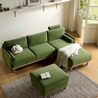Canapé en velours vert fougère Timber, grand canapé méridienne 3 places orienté à droite