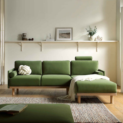 Canapé en velours vert fougère Timber, grand canapé méridienne 3 places orienté à droite