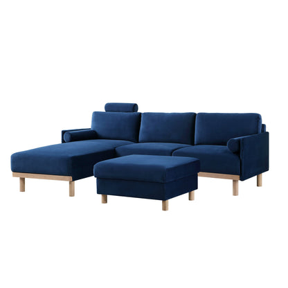 Canapé en velours bleu marine Timber, grand canapé méridienne 3 places orienté à gauche