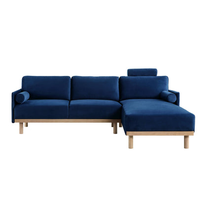 Canapé en velours bleu marine Timber, grand canapé méridienne 3 places orienté à droite