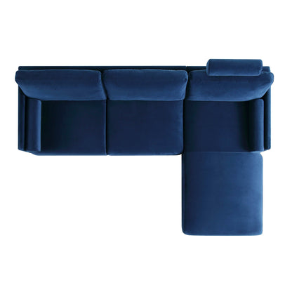 Canapé en velours bleu marine Timber, grand canapé méridienne 3 places orienté à droite