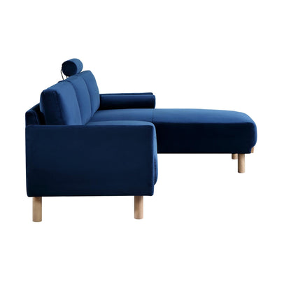 Canapé en velours bleu marine Timber, grand canapé méridienne 3 places orienté à droite