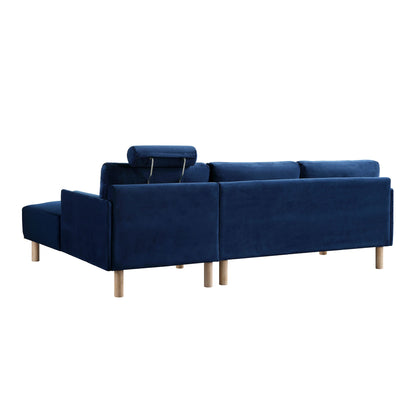 Canapé en velours bleu marine Timber, grand canapé méridienne 3 places orienté à droite