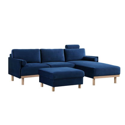 Canapé en velours bleu marine Timber, grand canapé méridienne 3 places orienté à droite