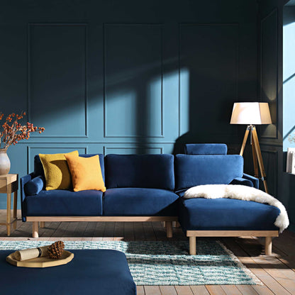 Canapé en velours bleu marine Timber, grand canapé méridienne 3 places orienté à droite