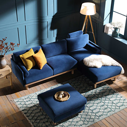 Canapé en velours bleu marine Timber, grand canapé méridienne 3 places orienté à droite