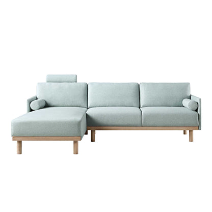 Canapé en tissu vert sauge Timber, grand canapé méridienne 3 places orienté à gauche