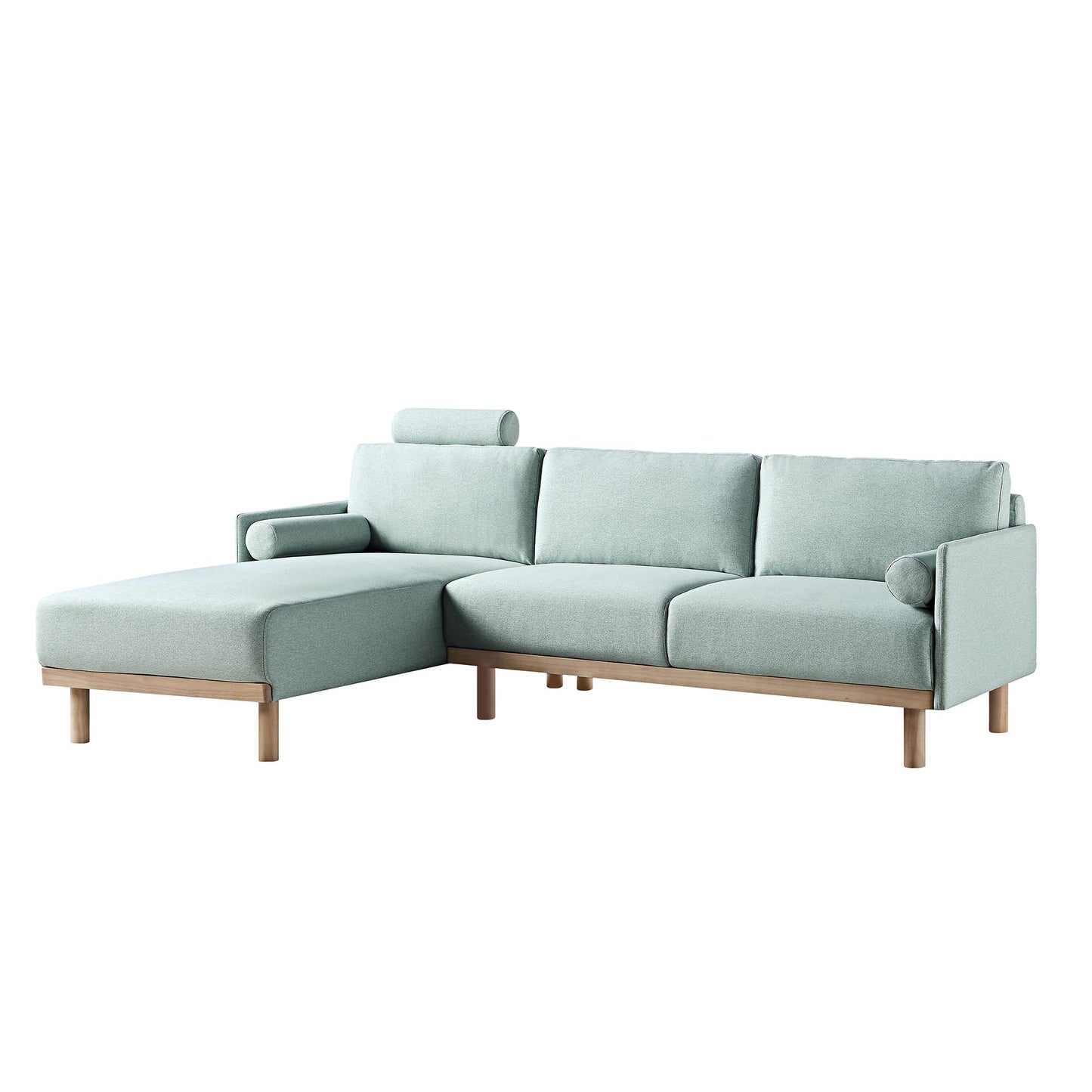 Canapé en tissu vert sauge Timber, grand canapé méridienne 3 places orienté à gauche