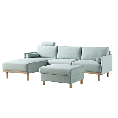 Canapé en tissu vert sauge Timber, grand canapé méridienne 3 places orienté à gauche