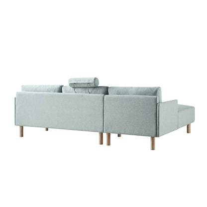 Canapé en tissu vert sauge Timber, grand canapé méridienne 3 places orienté à gauche