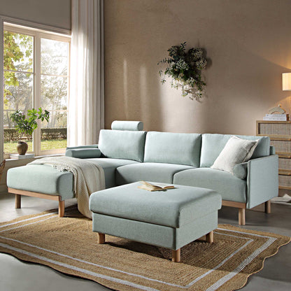Canapé en tissu vert sauge Timber, grand canapé méridienne 3 places orienté à gauche
