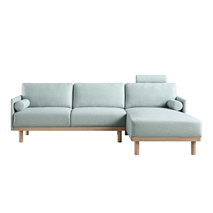 Canapé en tissu vert sauge Timber, grand canapé méridienne 3 places orienté à droite
