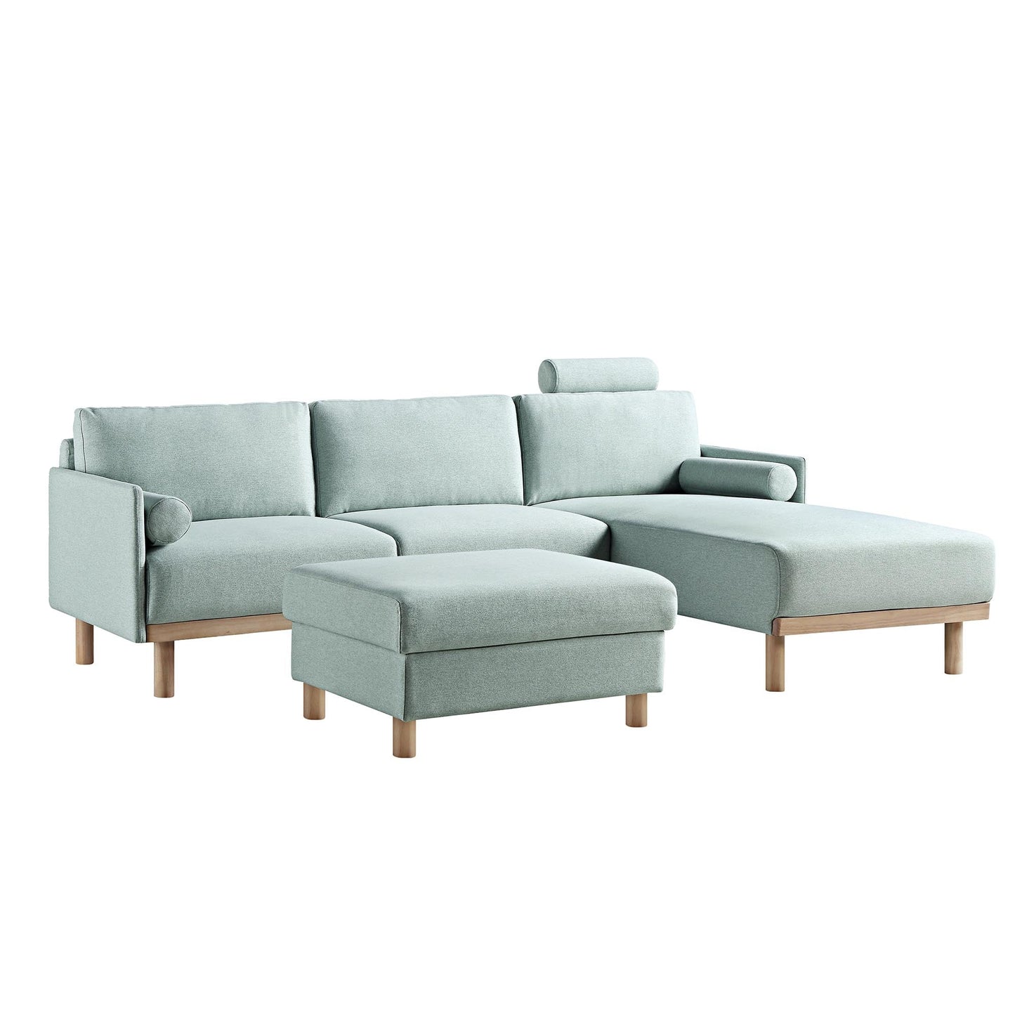 Canapé en tissu vert sauge Timber, grand canapé méridienne 3 places orienté à droite