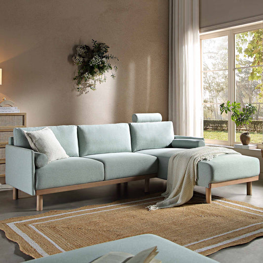 Canapé en tissu vert sauge Timber, grand canapé méridienne 3 places orienté à droite