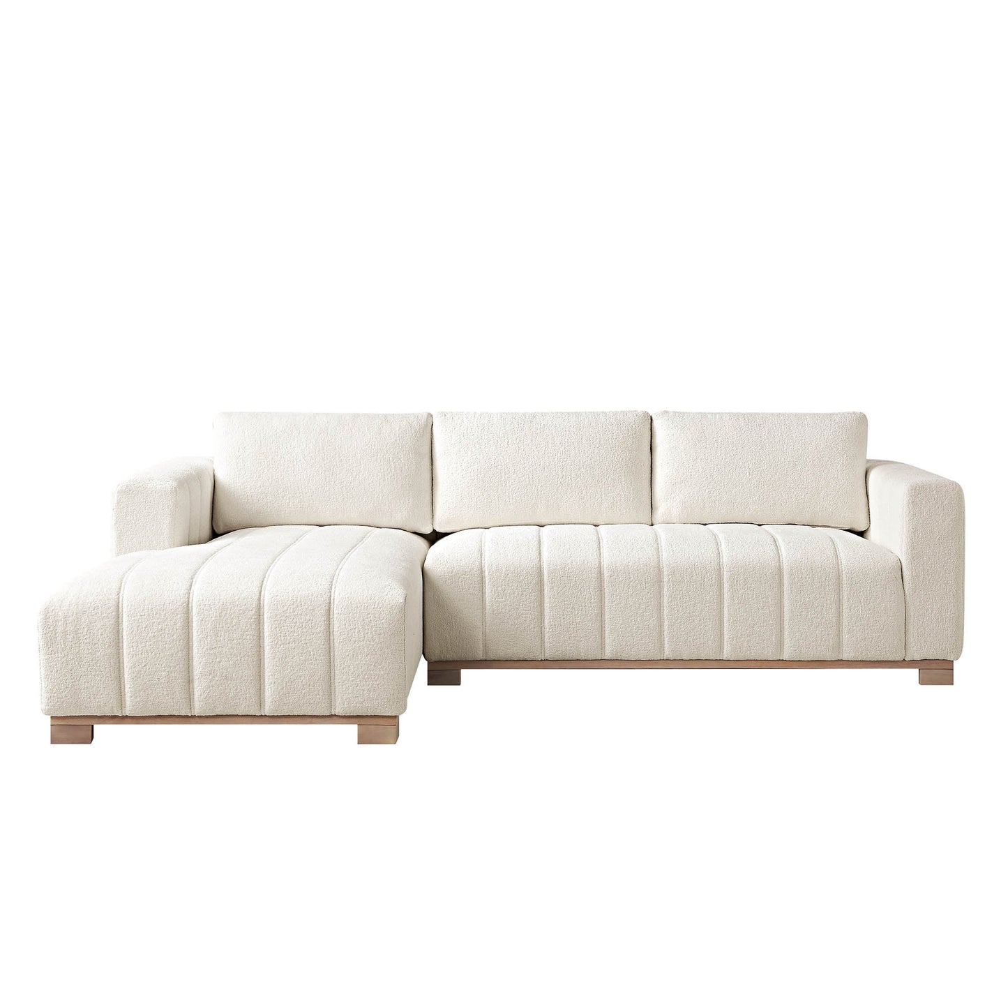 Canapé Belsize beige bouclé avec base en bois, grande méridienne orientée vers la gauche