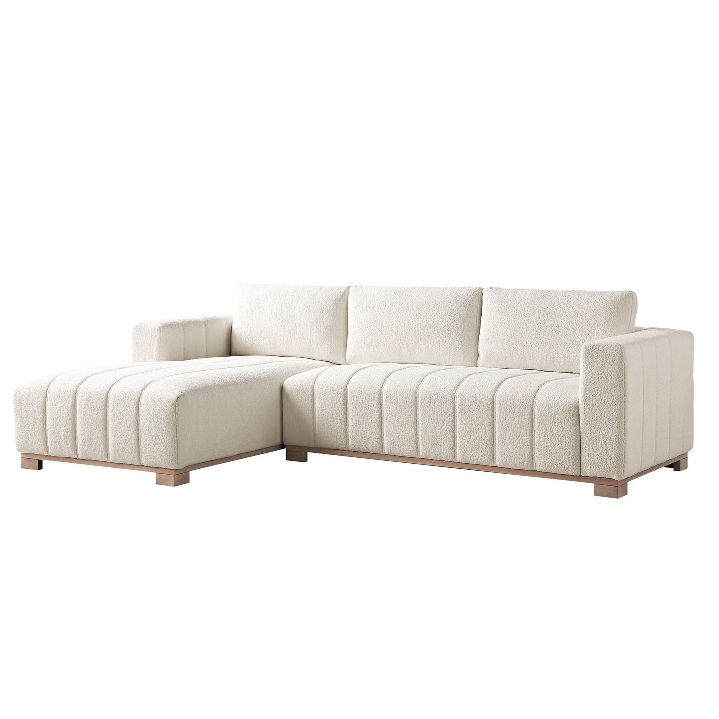 Canapé Belsize beige bouclé avec base en bois, grande méridienne orientée vers la gauche