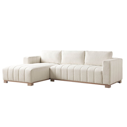 Canapé Belsize beige bouclé avec base en bois, grande méridienne orientée vers la gauche