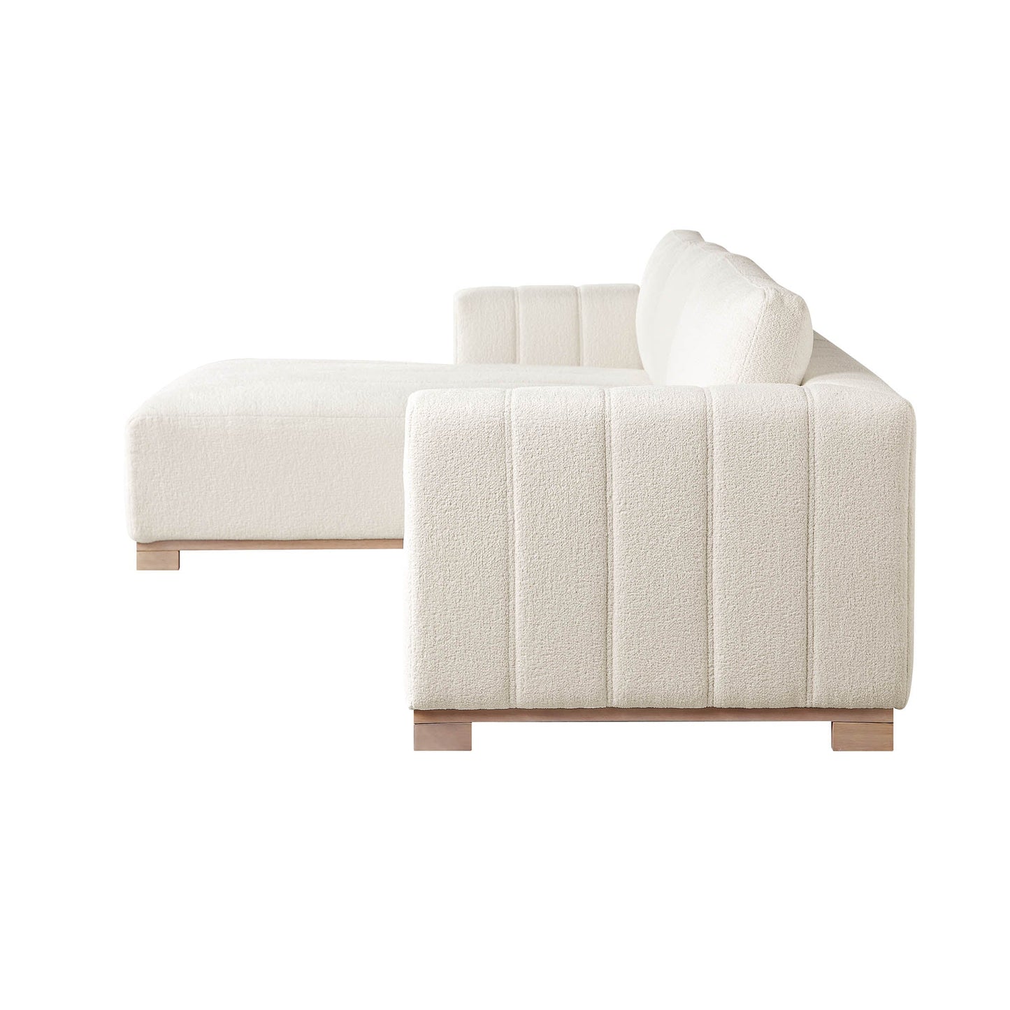 Canapé Belsize beige bouclé avec base en bois, grande méridienne orientée vers la gauche