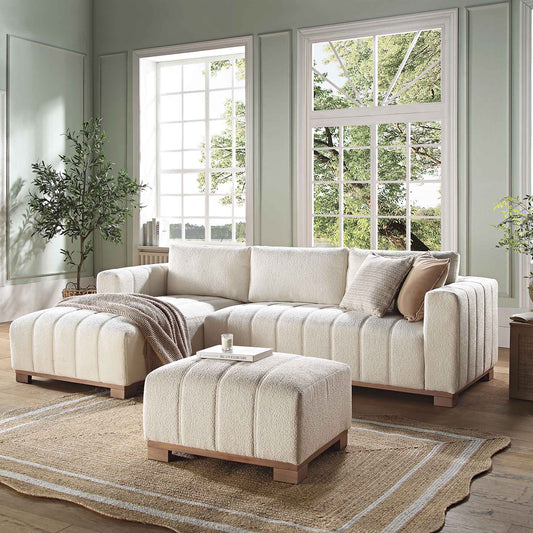 Canapé Belsize beige bouclé avec base en bois, grande méridienne orientée vers la gauche