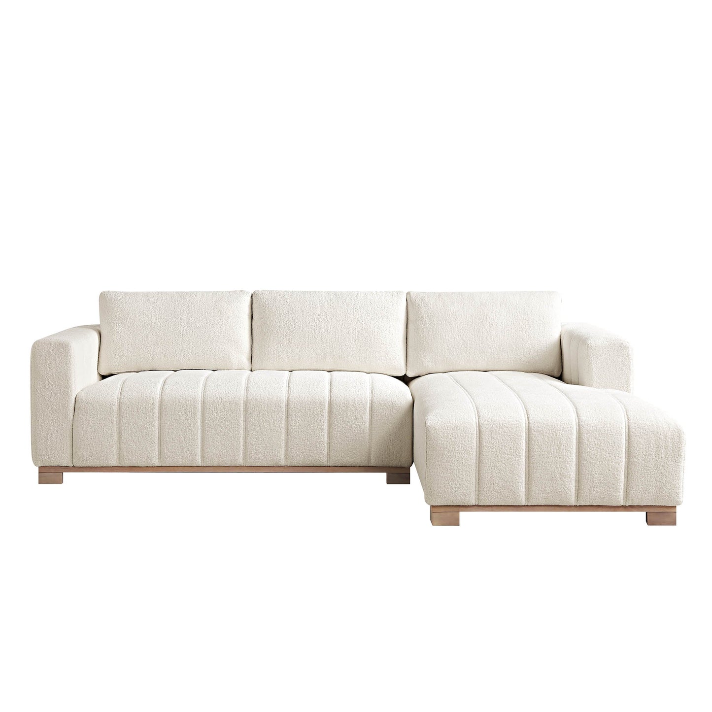 Canapé Belsize beige bouclé avec base en bois, grande méridienne orientée à droite