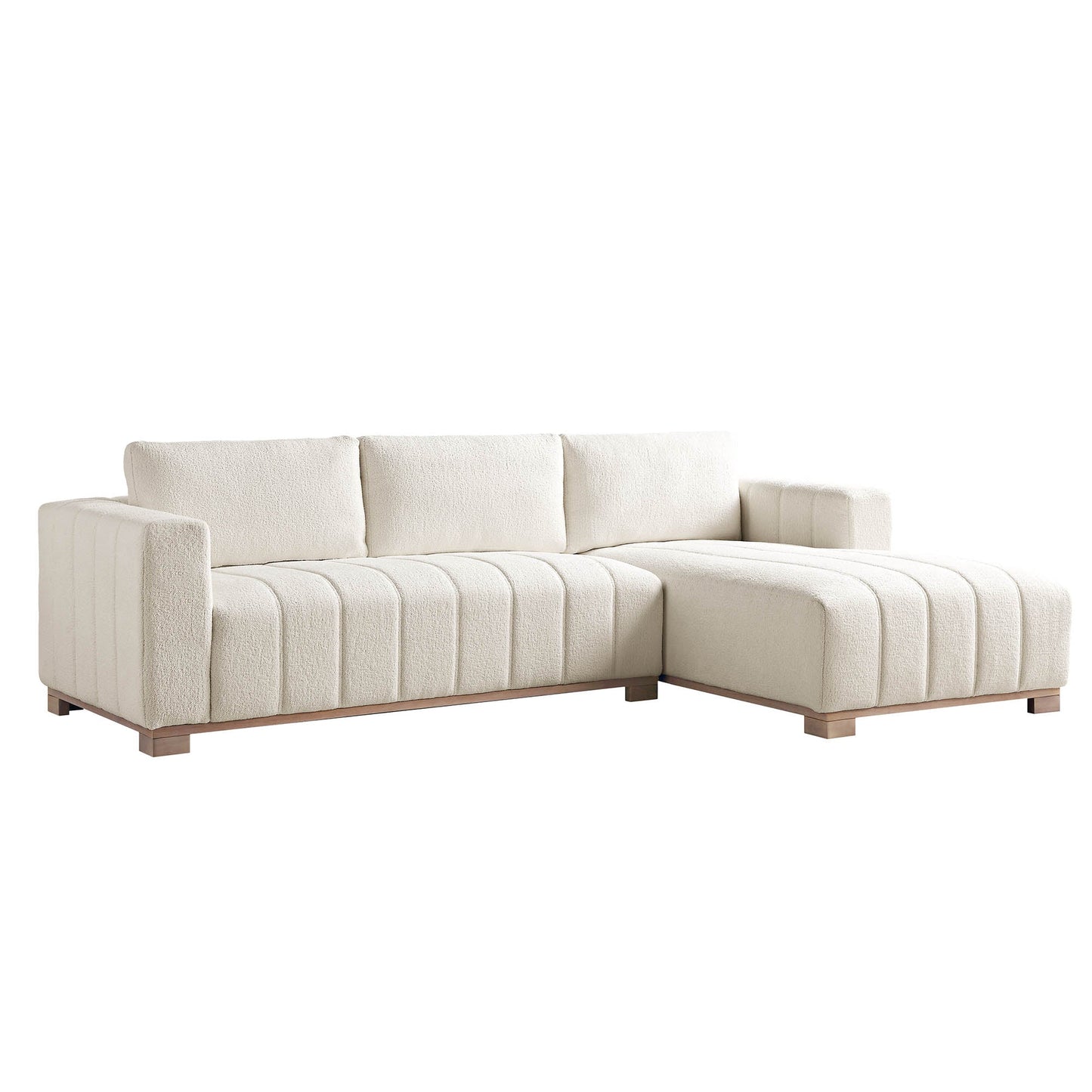 Canapé Belsize beige bouclé avec base en bois, grande méridienne orientée à droite