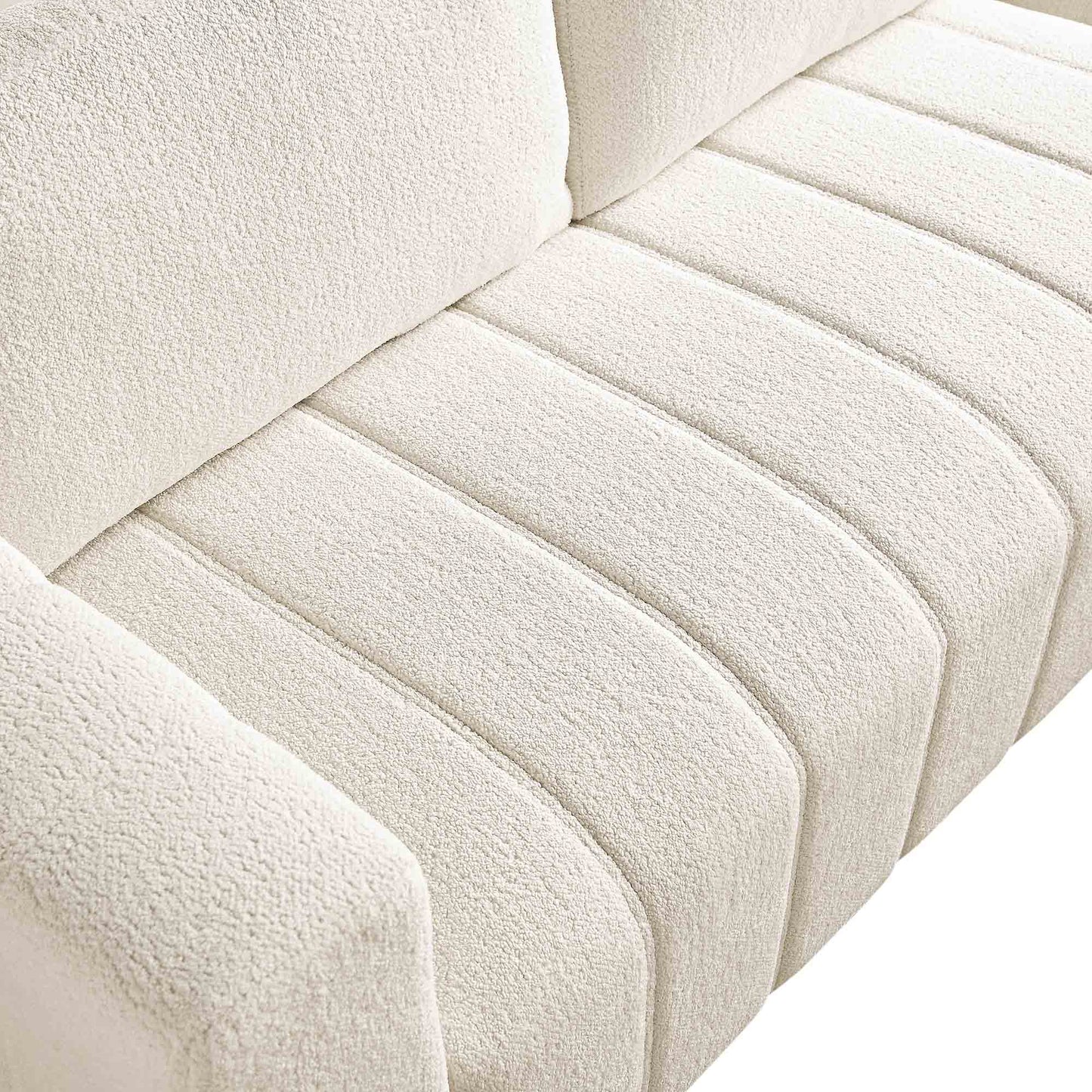 Canapé Belsize beige bouclé avec base en bois, grande méridienne orientée à droite