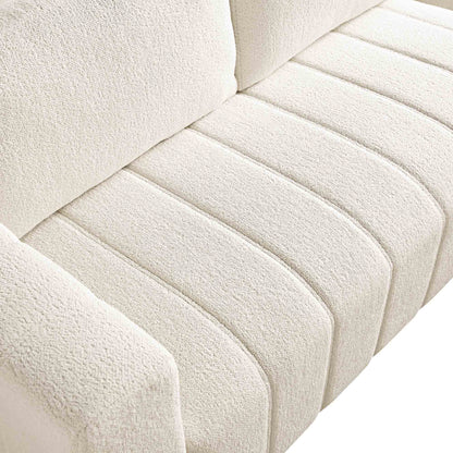 Canapé Belsize beige bouclé avec base en bois, grande méridienne orientée à droite