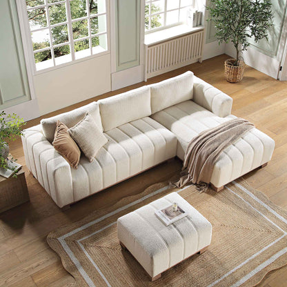 Canapé Belsize beige bouclé avec base en bois, grande méridienne orientée à droite
