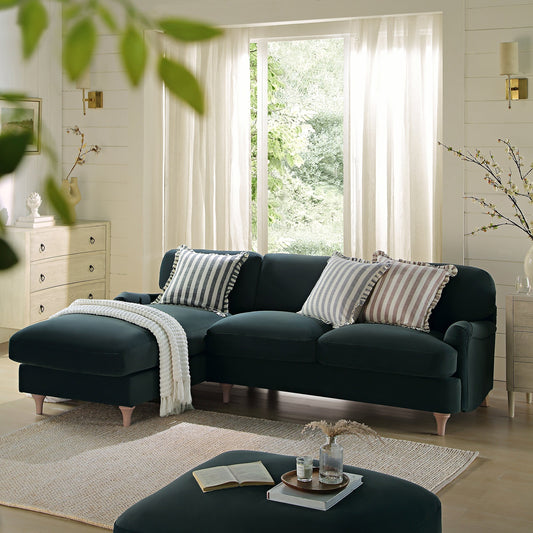 Canapé Daphnis en velours bleu égéen, grande chaise longue orientée à gauche