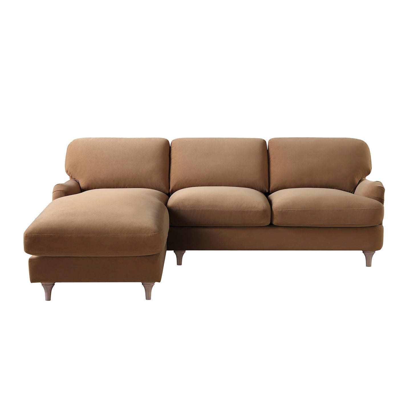 Canapé Daphnis en velours camel, grande chaise longue orientée à gauche