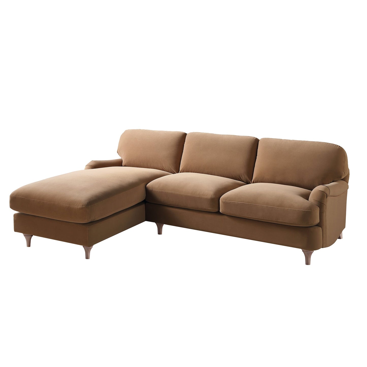 Canapé Daphnis en velours camel, grande chaise longue orientée à gauche