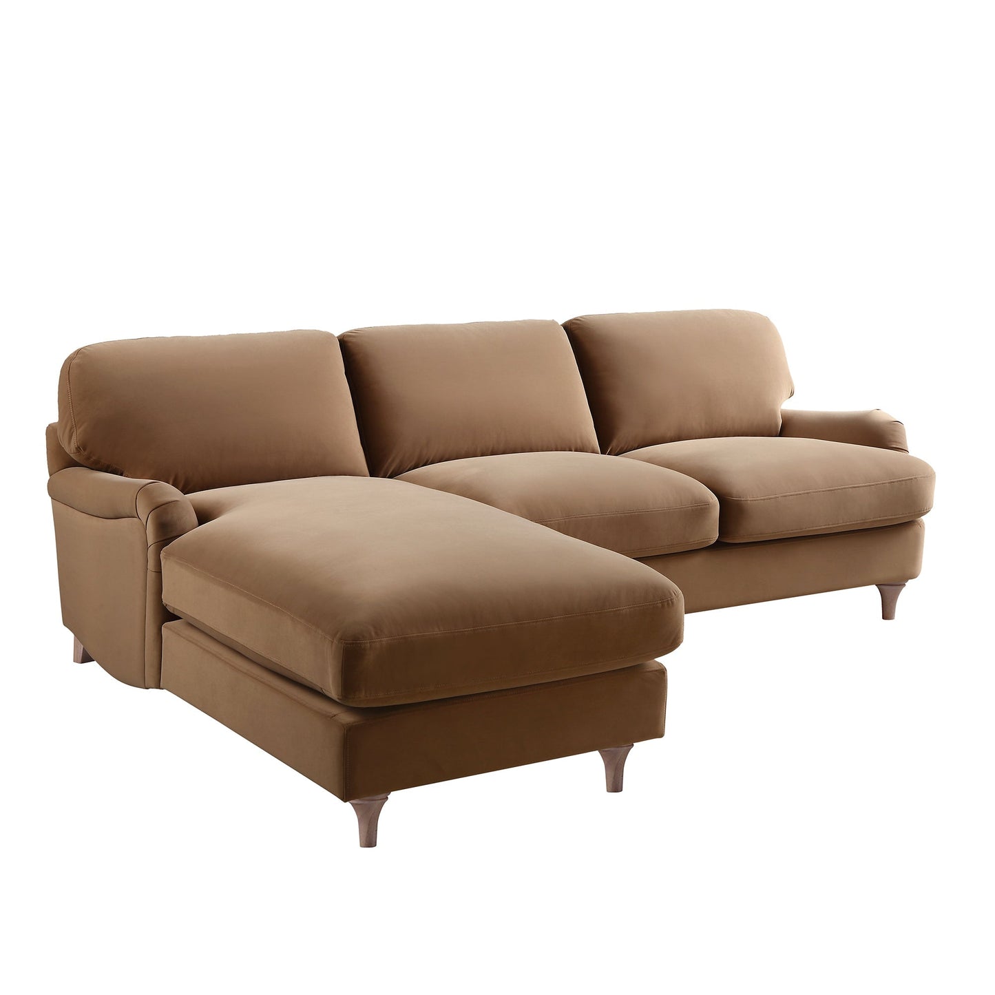 Canapé Daphnis en velours camel, grande chaise longue orientée à gauche