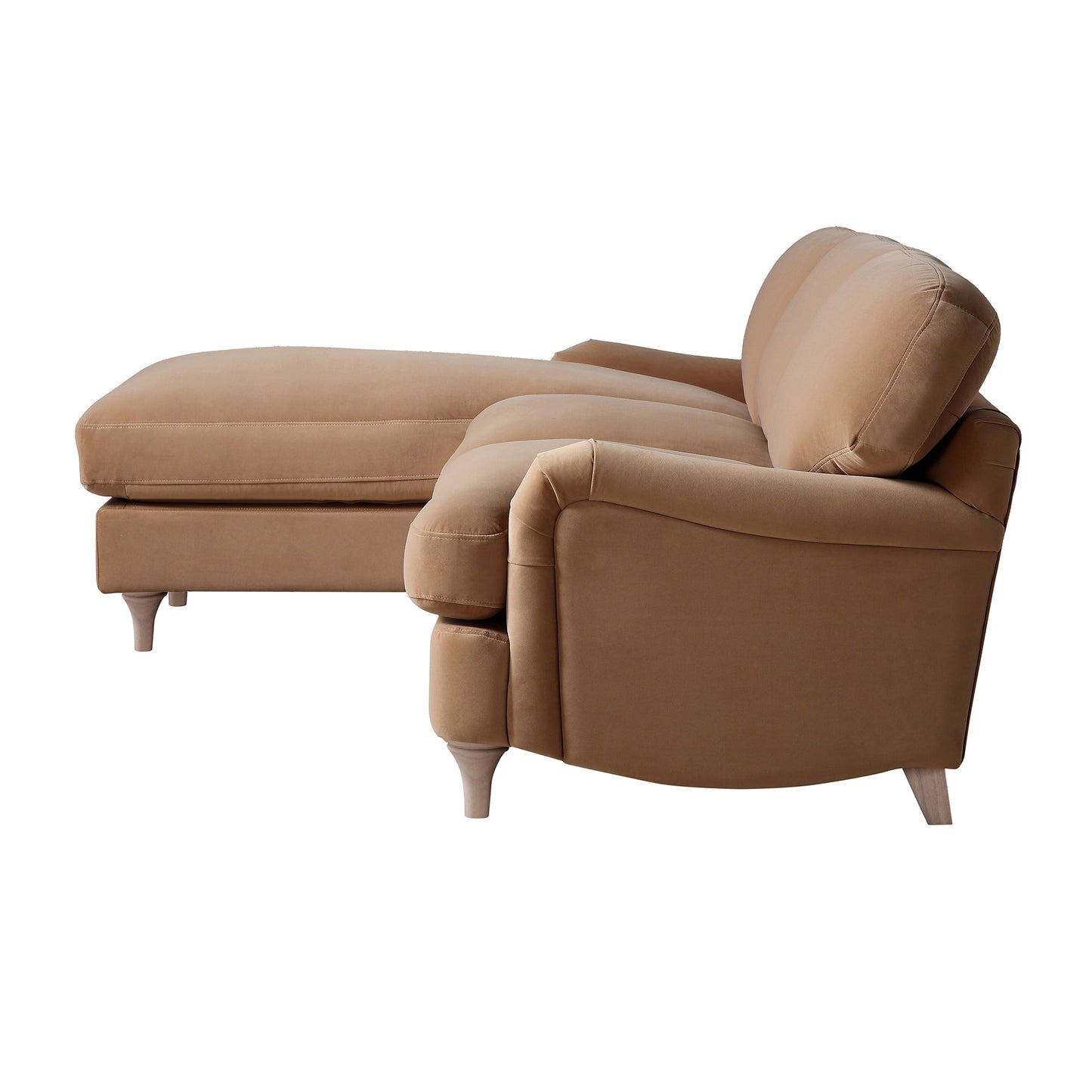 Canapé Daphnis en velours camel, grande chaise longue orientée à gauche