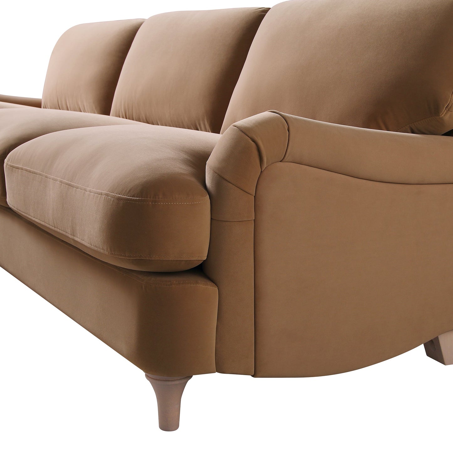 Canapé Daphnis en velours camel, grande chaise longue orientée à gauche