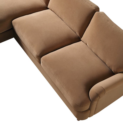 Canapé Daphnis en velours camel, grande chaise longue orientée à gauche